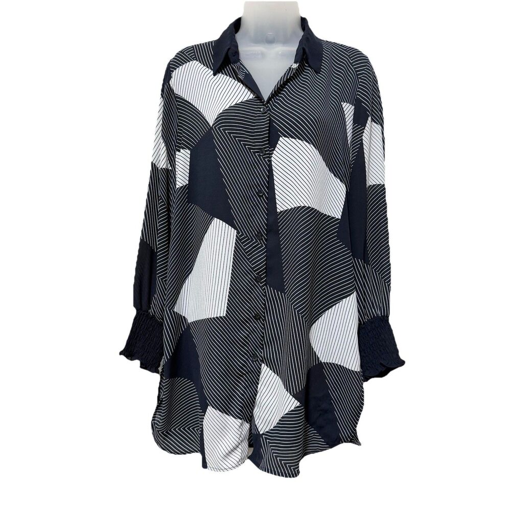 Chicos Top Size 1 US 8/10 Navy White Striped Geometric Button Up Shirt Blouse
